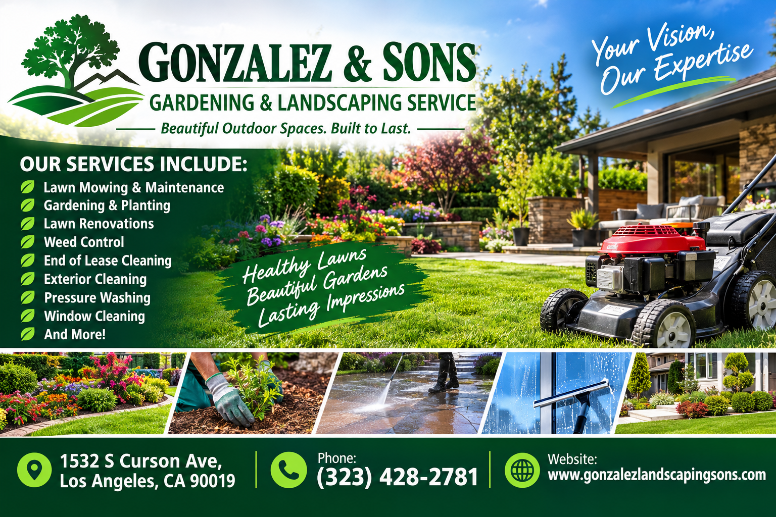 Facebook ad created for Gonzalez & Sons Gardening and Landscaping Service promoting lawn care, gardening and exterior cleaning