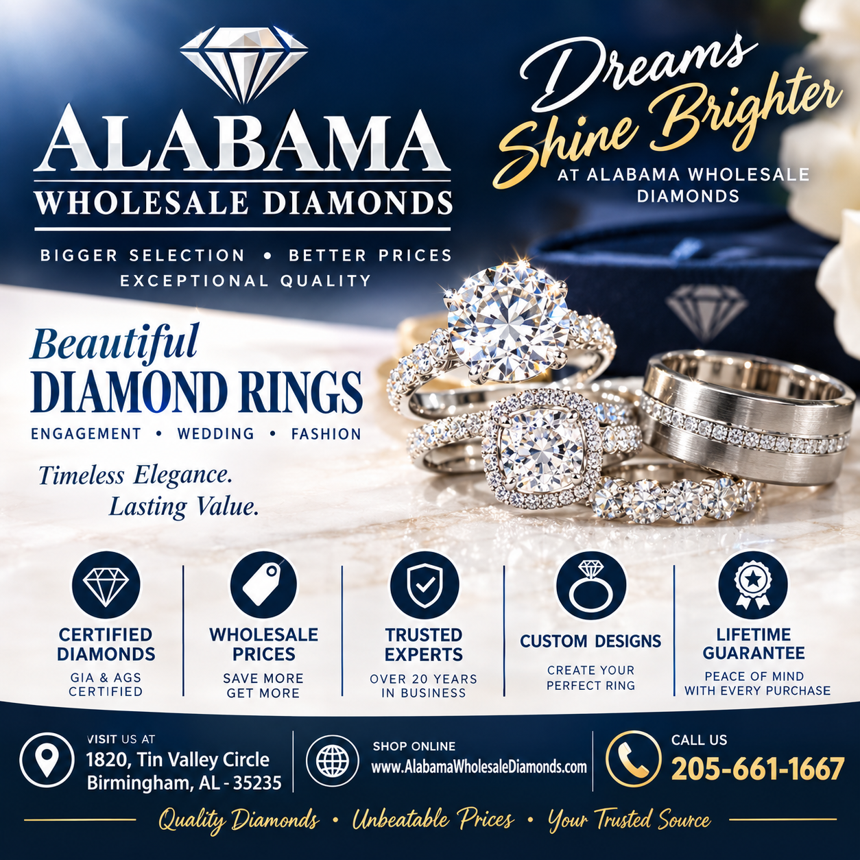 Facebook ad created for Alabama Wholesale Diamonds showcasing certified diamond rings