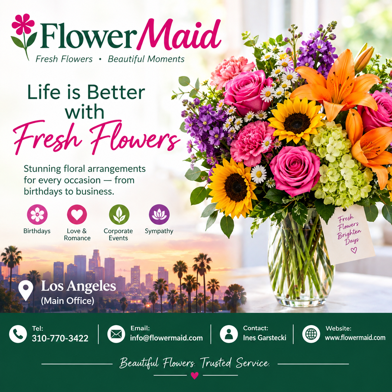 Facebook ad created for FlowerMaid promoting fresh floral arrangements for every occasion