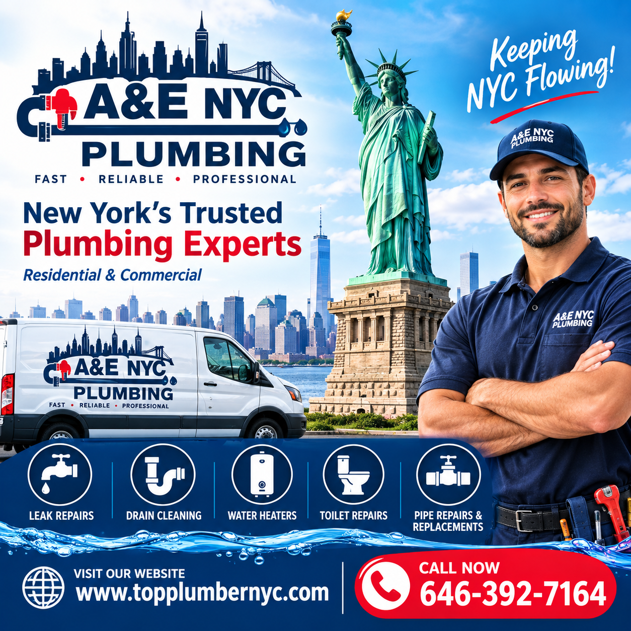 Facebook ad created for A&E NYC Plumbing promoting fast, reliable plumbing services