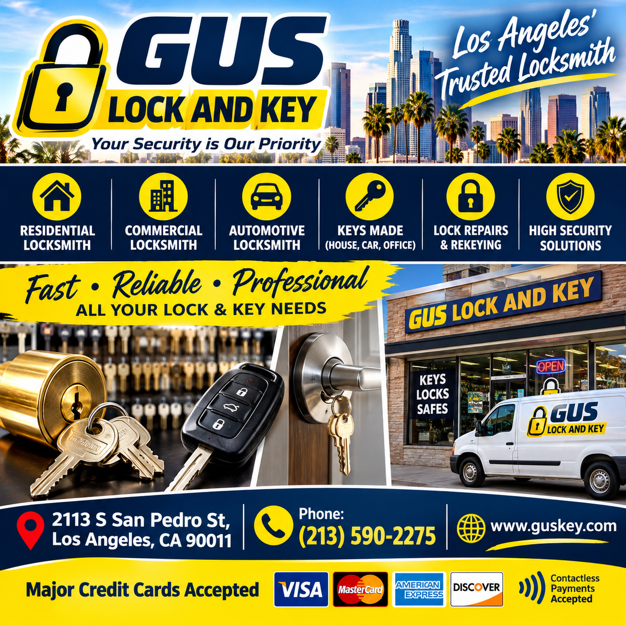 Facebook ad created for Gus Lock and Key promoting residential, commercial and automotive locksmith services in Los Angeles