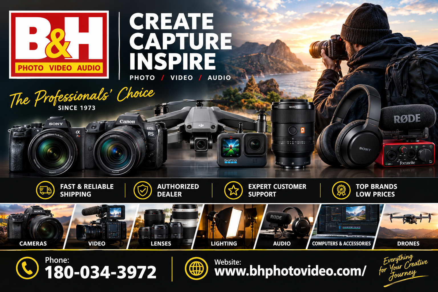 Facebook ad created for B&H Photo Video Audio promoting cameras, video, lenses, lighting, audio, computers and drones