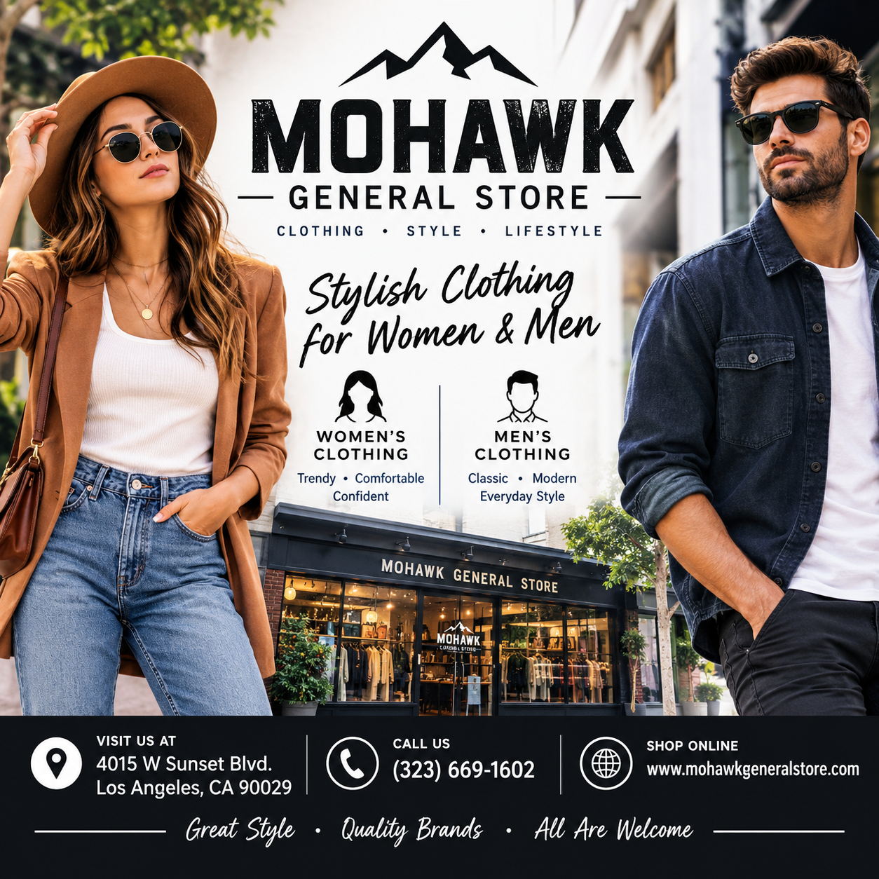 Facebook ad created for Mohawk General Store promoting stylish clothing for women and men