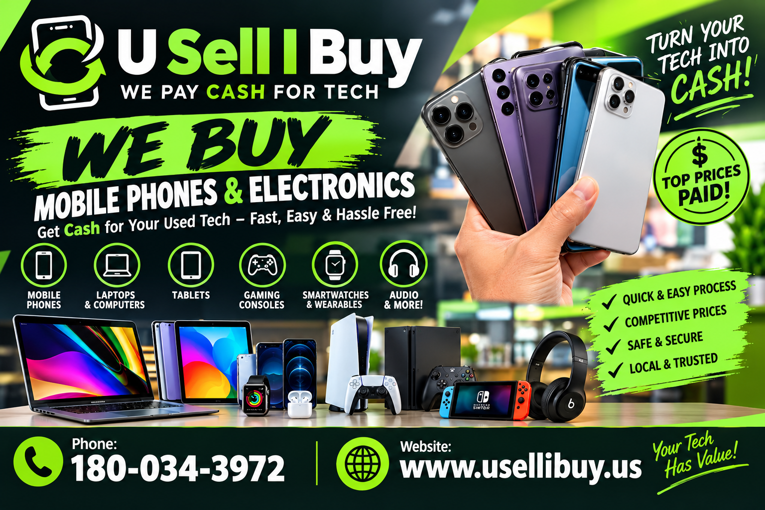 Facebook ad created for U Sell I Buy promoting cash for used mobile phones, laptops, tablets, consoles and other electronics