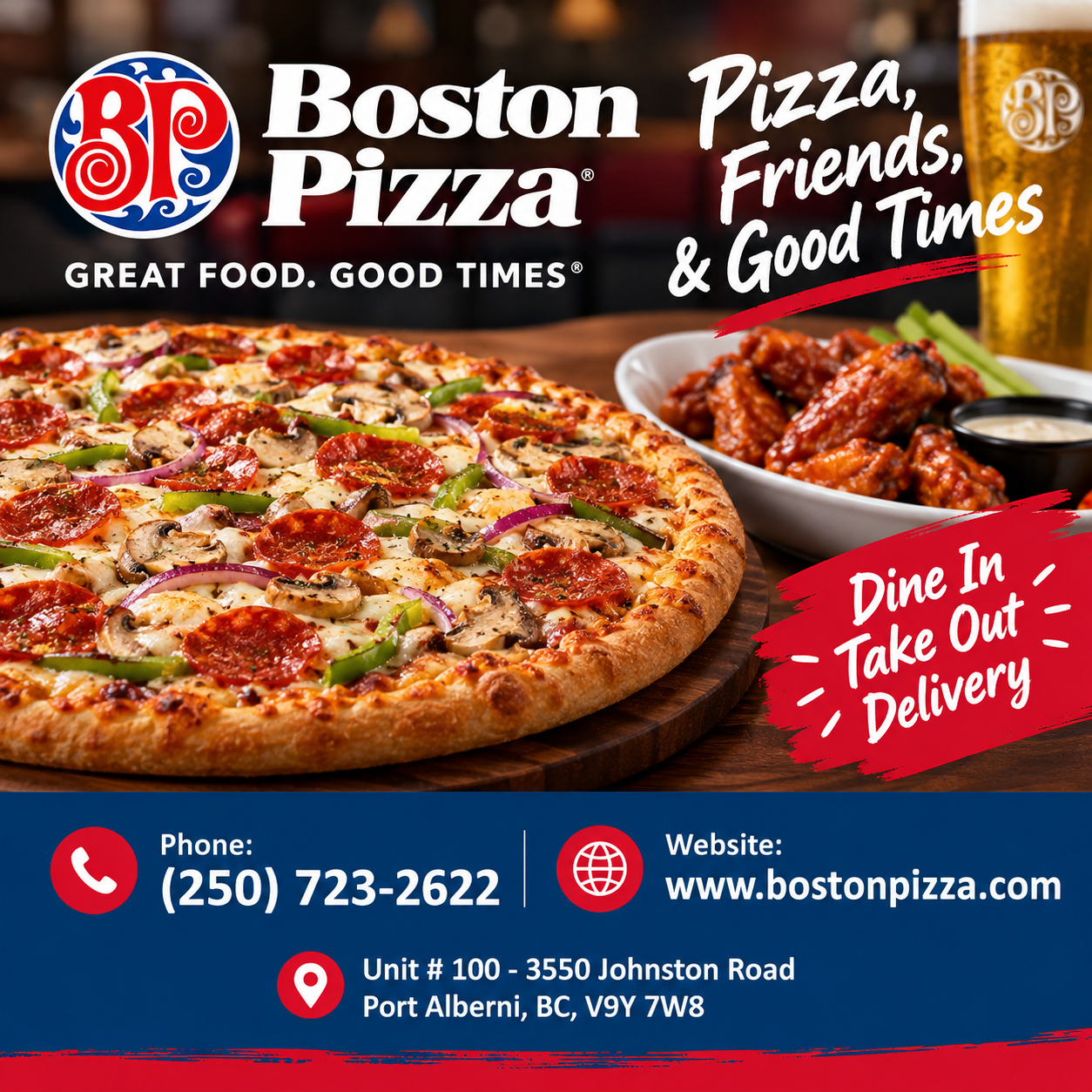 Facebook ad created for Boston Pizza promoting dine in, take out and delivery of pizza, chicken wings and drinks