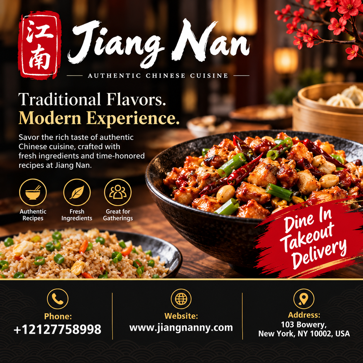 Facebook ad created for Jiang Nan promoting authentic Chinese cuisine with traditional flavours for dine in, takeout and delivery